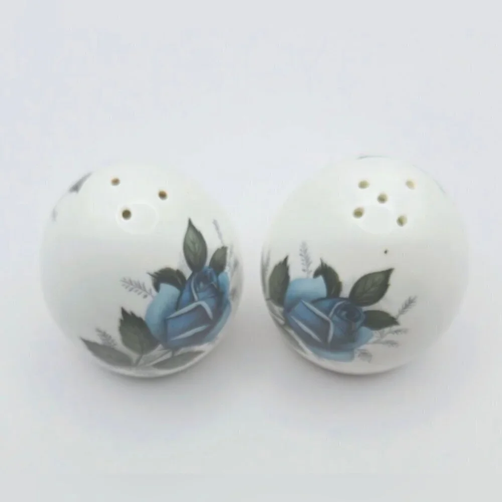 Vintage Sanford Fine Bone China Blue Rose Flowers Salt & Pepper Shakers